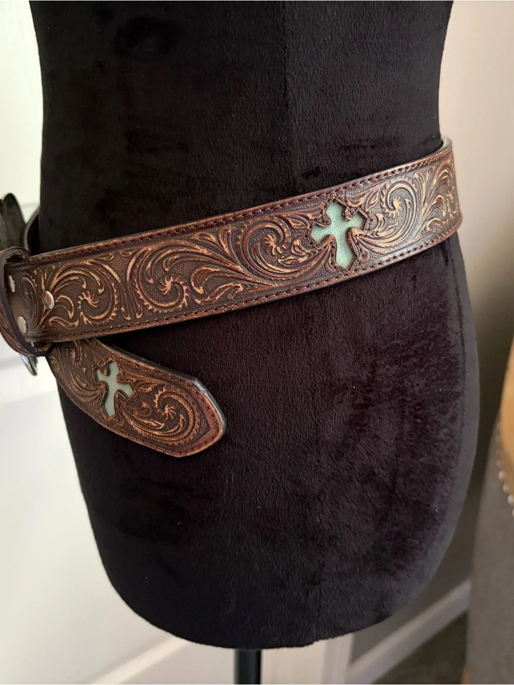 Nocona Brown Tooled Leather Belt with Silver-Tone Buckle and Turquoise Cross